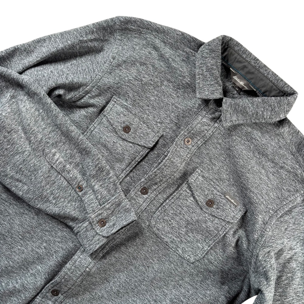 Eddie Bauer Button Down Shirt Mens M Gray Fleece Outdoorsy Layering Cabin
